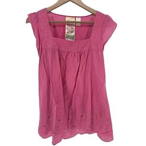 Fresh Brewed Girls Pink‎ Cotton Eyelet Dress Large Puff Sleeve Cottagecore